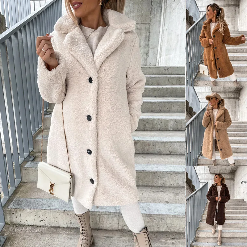 

Women Trench Coat Plush Thicken Overcoat Autumn Winter Single-breasted Teddy Jacket Long Style Outwear Streetwear