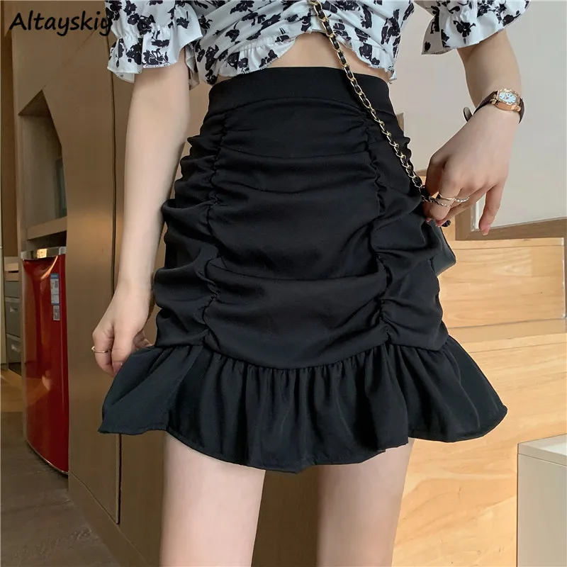 

Skirts Women Mini Summer Solid Ruffles Sweet Trumpet Designed Gentle High Waist Office Lady Temperament Vintage French Style New