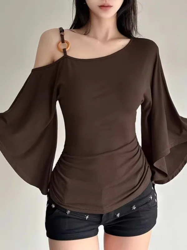 plus Size American Retro Diagonal oulder Bell Sve T-irt Women Summer New Slimming Design Sense Top Cotton Polyester