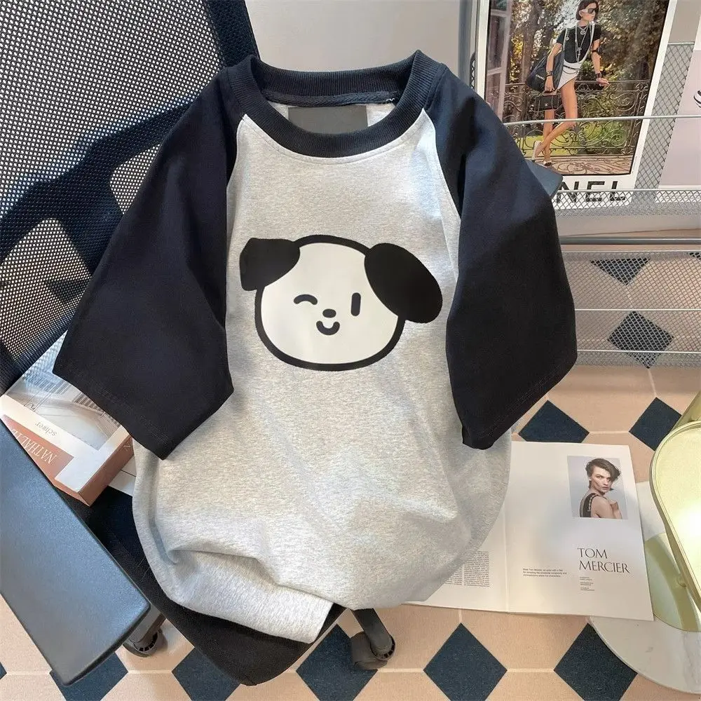 

European and American cartoon puppy print raglan short-sleeved men and women summer loose college wind couple outfit niche top