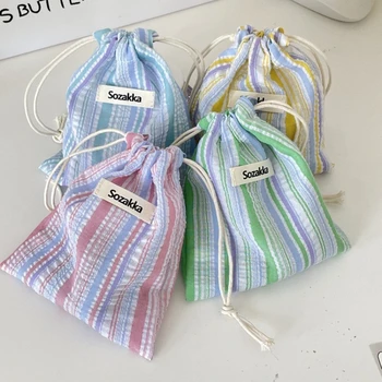 Simpatica custodia con coulisse in poliestere a righe, borsa da viaggio per trucco, per cosmetici, rossetto, chiave, porta carte di credito, portamonete