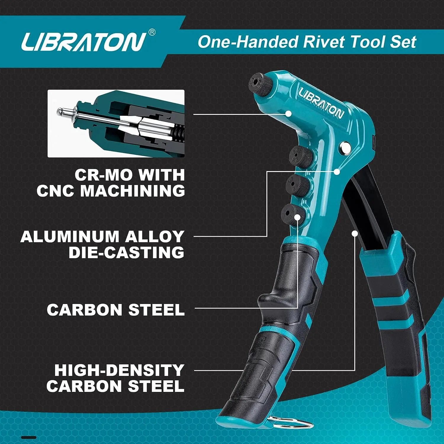 Libraton One-Handed Rivet Gun Pop Rivet Gun Set Professional Hand Riveter Manual Riveting Tool 200 Rivets Metal