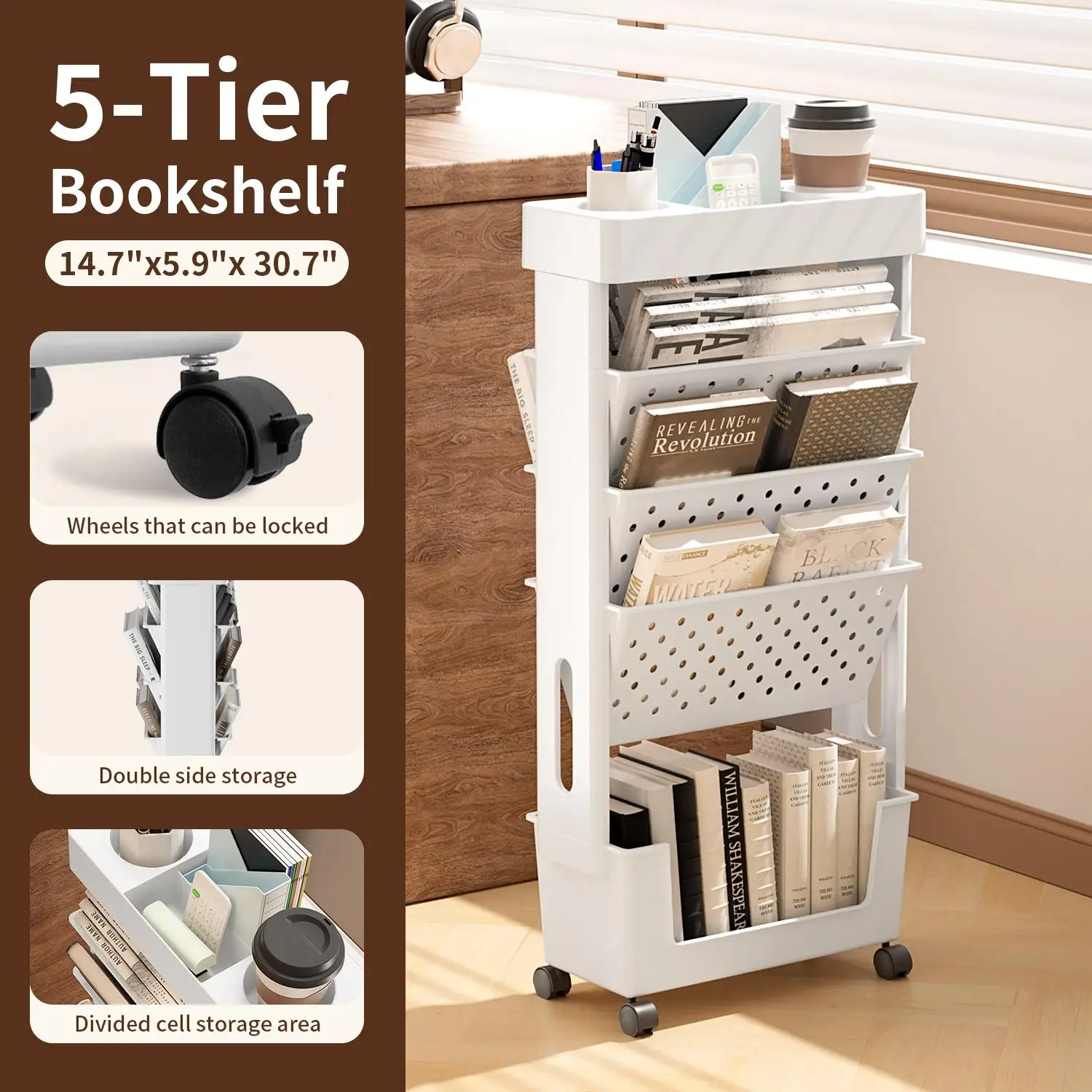 5-Tier Rolling Magazine and Book Storage Rack - Mobile Bookshelf for Classroom and Office