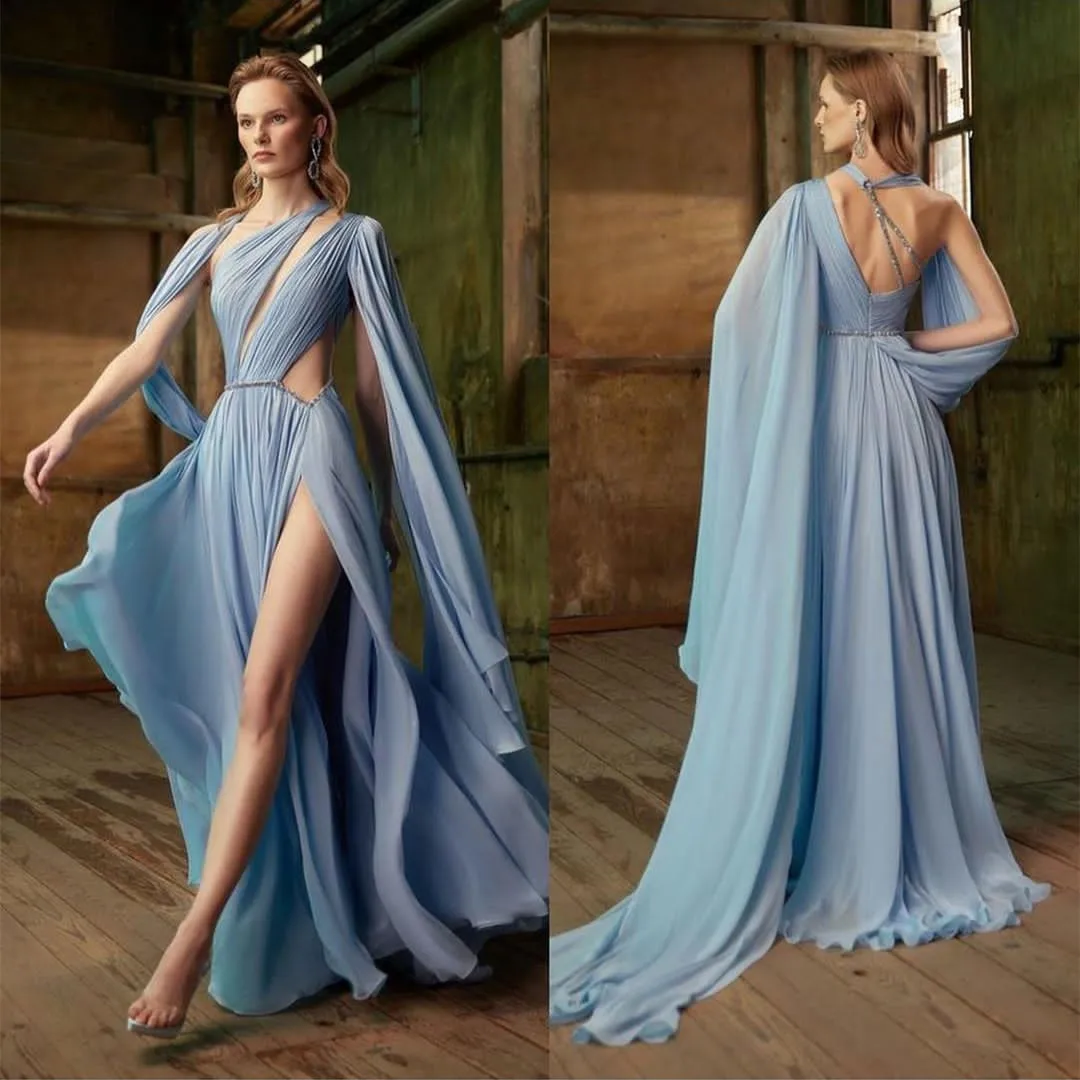

Sexy Long Chiffon Blue Evening Dresses with Slit A-Line Floor Length Pleated Zipper Back Formal Party Gowns for Women