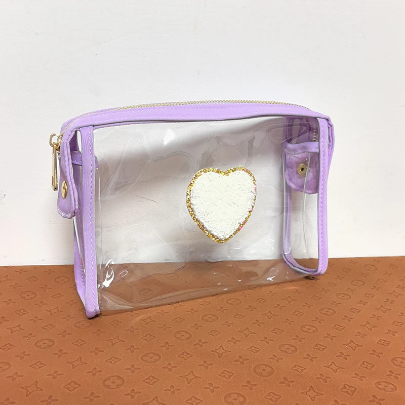 

Travel Transparent Waterproof Toiletry Bag with Chenille Heart Patch Clear Zipper Bag PVC Clear Pouch Storage Bag Cosmetic Bag