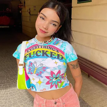 Summer Girls Slim Crops Tops Cotton Letter Print T-shirts Harajuku Short-sleeve O-neck Tshirt Female Casual Streetwear Tops Tees