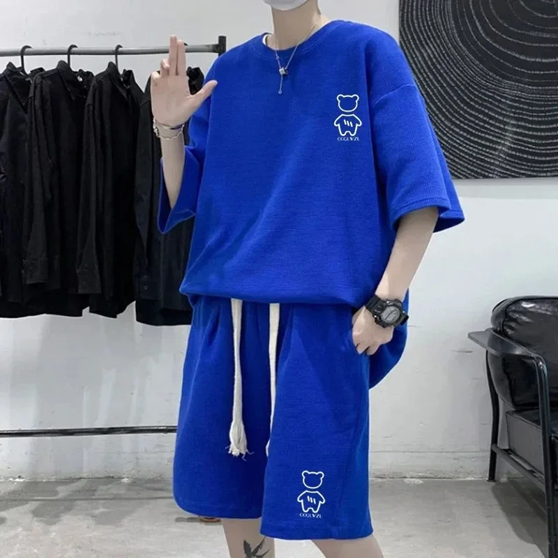 thumbnail image 1 of Nuevo conjunto de verano para hombre con diseño de gofres, camiseta de manga corta y pantalones cortos, conjunto de 2 piezas, ropa deportiva, chándal de moda, conjunto para correr, 1 of 4