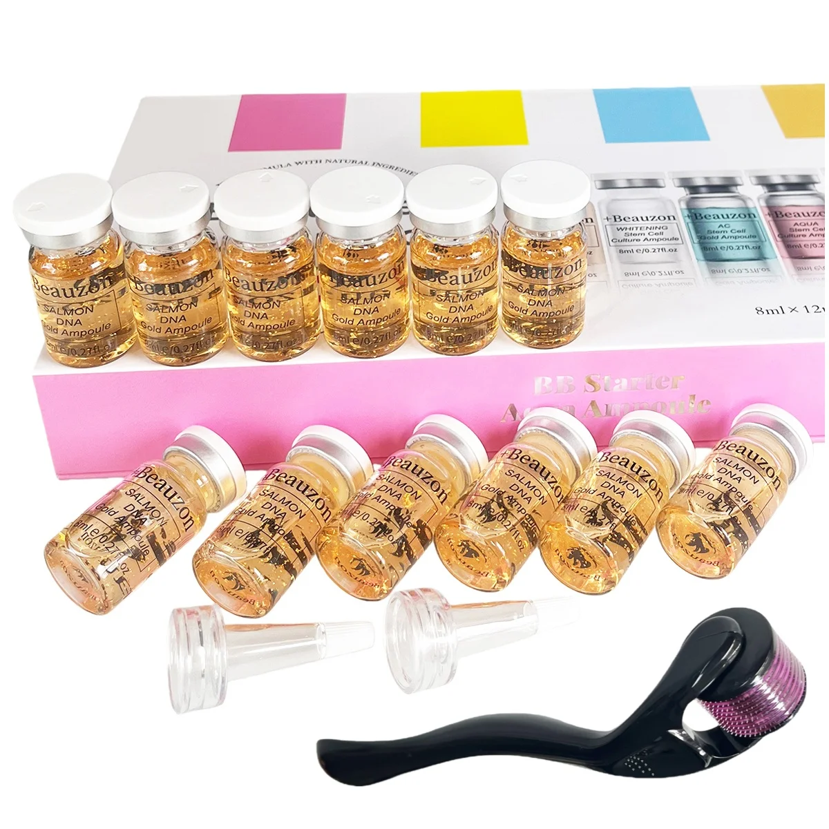 Salmon DNA Golden Ampoule Serum With 0.3mm Microneedling Roller For Face Care Skin Hydrating Soothing Moisturizing With - immagine 2