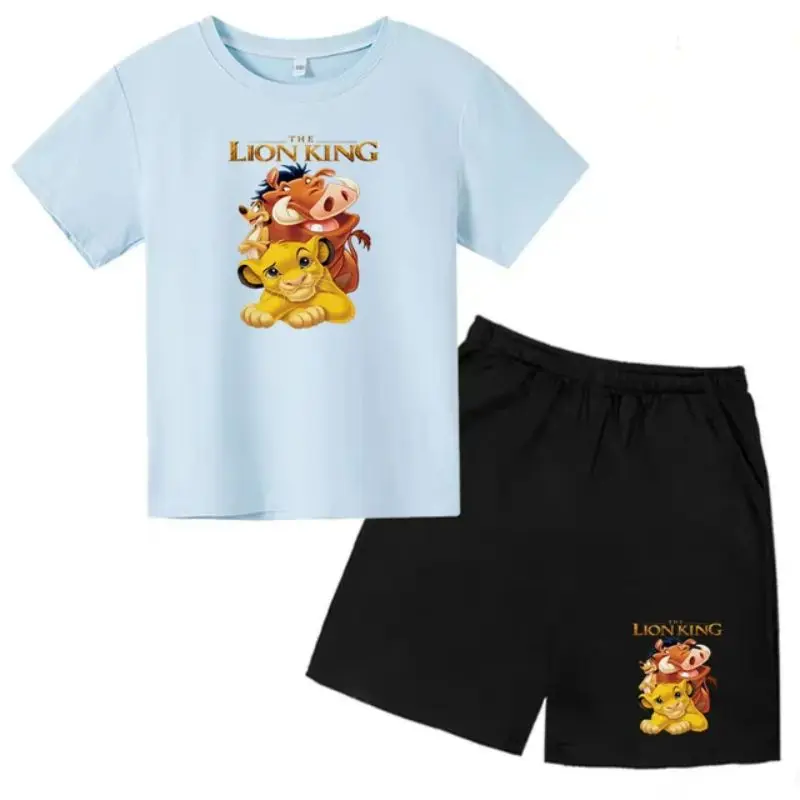 thumbnail image 1 of Conjunto de 2 piezas de camiseta y pantalones cortos con estampado de El Rey León Simba para niños y adolescentes, ropa informal de manga corta, traje de moda, 1 of 5