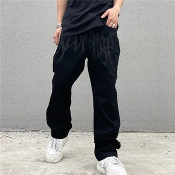 2024 New American Style Embroidered Letters Black Loose Jeans for Men Retro Street Hip Hop Y2K Men's Straight Denim Trousers 1
