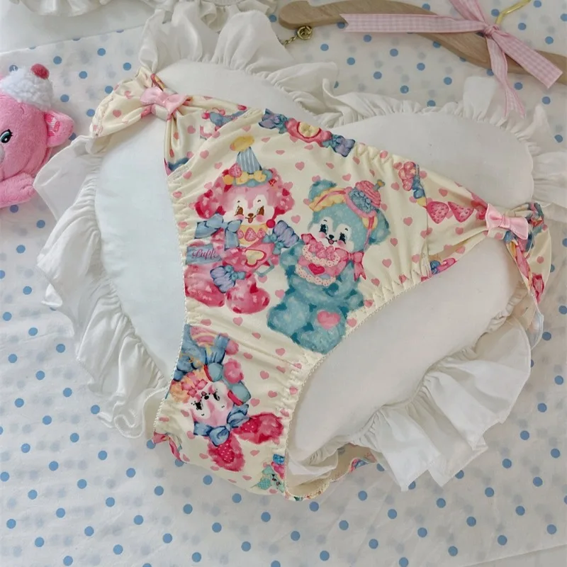 Cute Rabbit Print Bow Triangle Underwear for Girls Soft Ice Silk Panties Women High Waist Lingerie Youth Innerwear Briefs