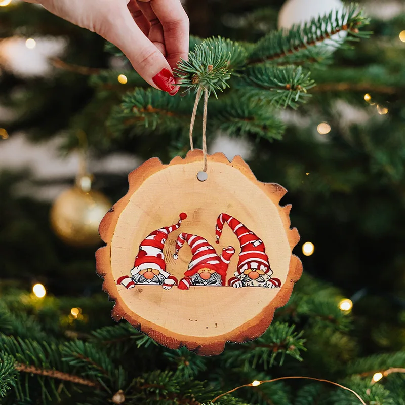 12/24Pcs Christmas Wooden Ornament Cartoon Santa Claus Rustic Wood Slice New Year Home Decoration Xmas Tree Hanging Pendant Gift