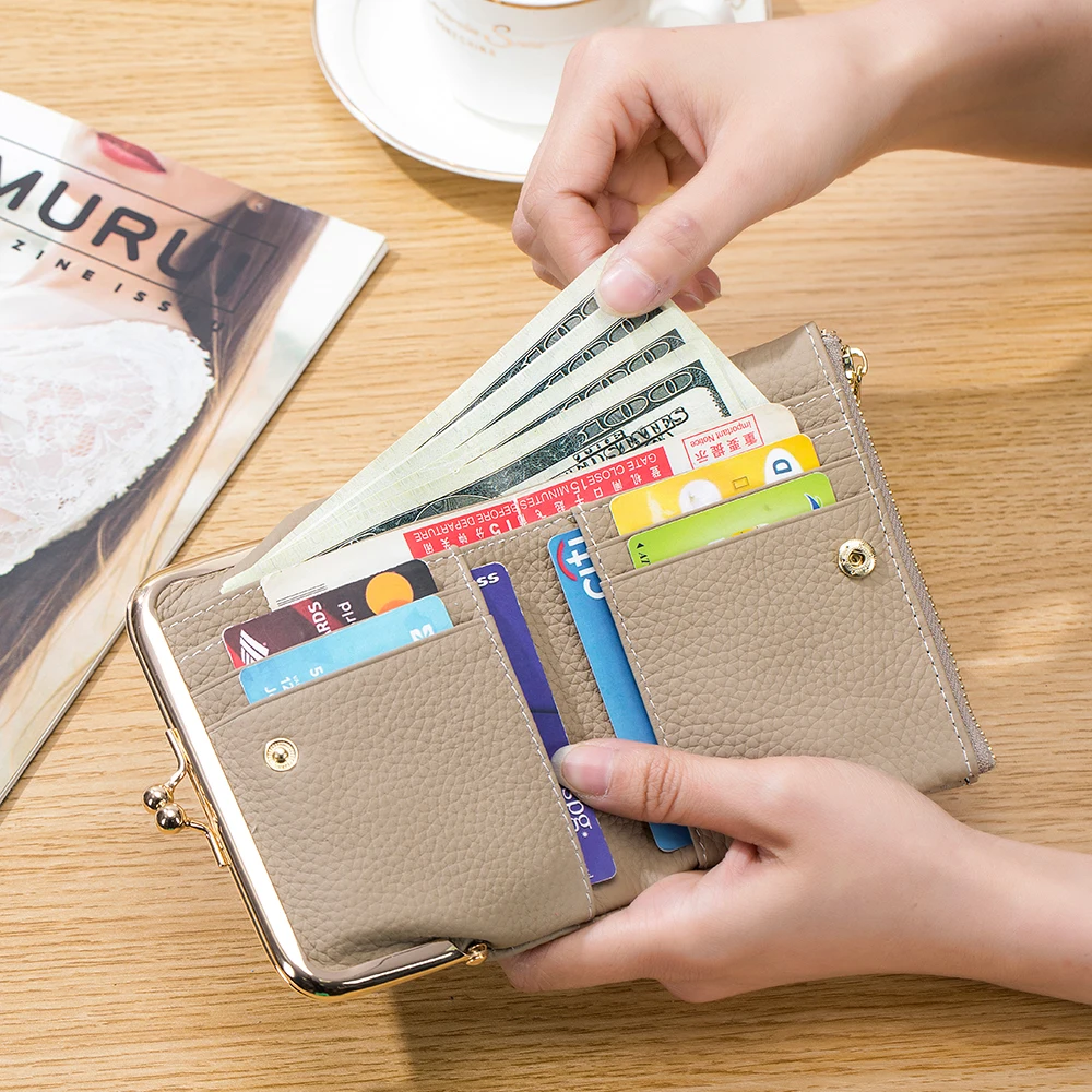 Fashion Women's Kiss Lock Wallet Leather Small Zipper Coin Pocket for Women Blue Bifold Metal Frame Purse Card Holder with Clasp