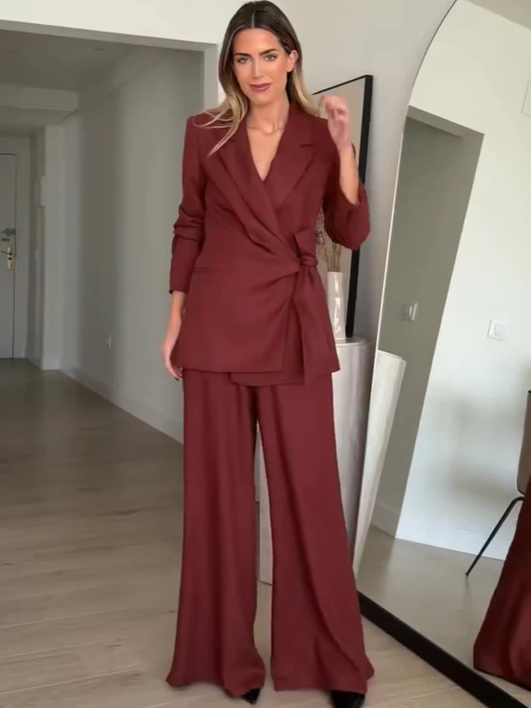 Women's Blazer Long Pants Suit Sets Or Spring Female Chic Lace Up Blazers Jacket Or Lady OL Casual Wide Leg Trousers - 2