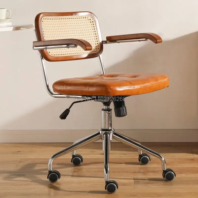 Rattan Office Chair Leather Japanese Retro Chair Computer Chair Home