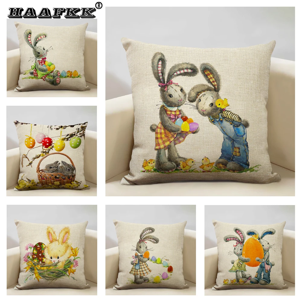 Easter Happy Lovely Bunny Cushion Cover Easter Eggs Design Living Room Sofa Decorative Pillow
