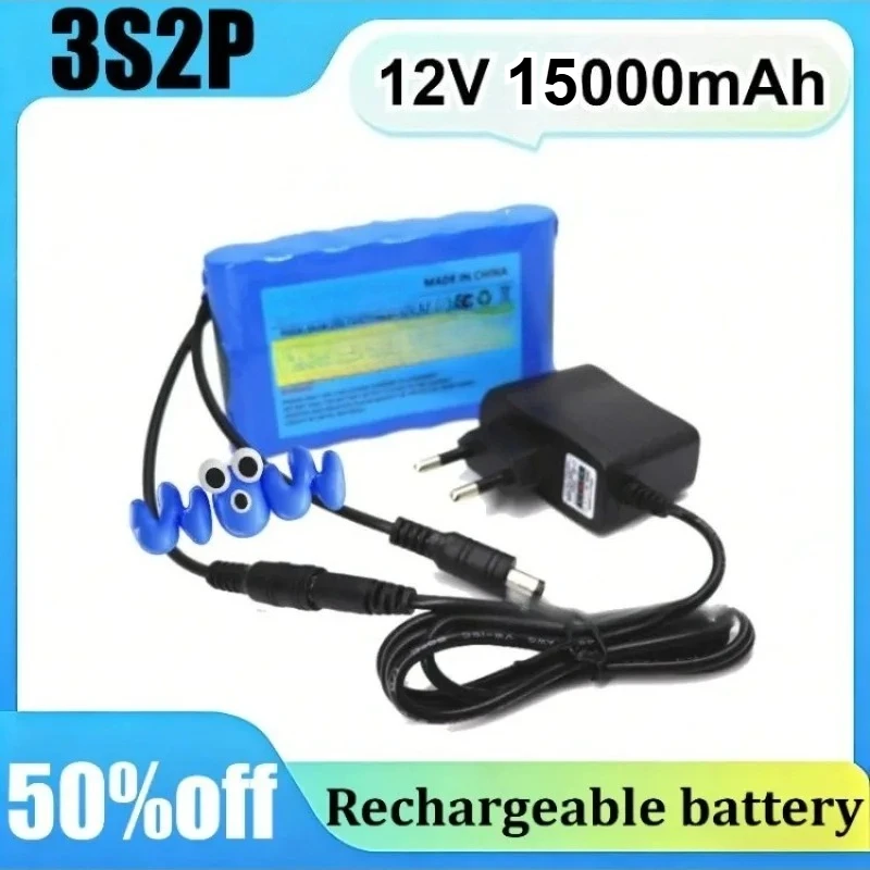12V 15000mAh 3S2P 18650 Lithium Battery Pack with 1A Charger Portable Rechargeab