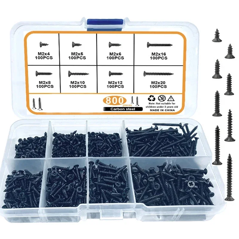 Description Picture 3 of item800pcs M2 Self Tapping Screw Black Flat Countersunk Head Wood Screw Carbon Steel For Home Improvement DIY
