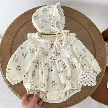 2024 New Spring Infant Baby Bodysuits+Hat Long Sleeved Cotton Floral Printing Newborn Baby Girl Jumpsuit Baby Girl Clothing 1