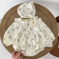2024 New Spring Infant Baby Bodysuits+Hat Long Sleeved Cotton Floral Printing Newborn Baby Girl Jumpsuit Baby Girl Clothing