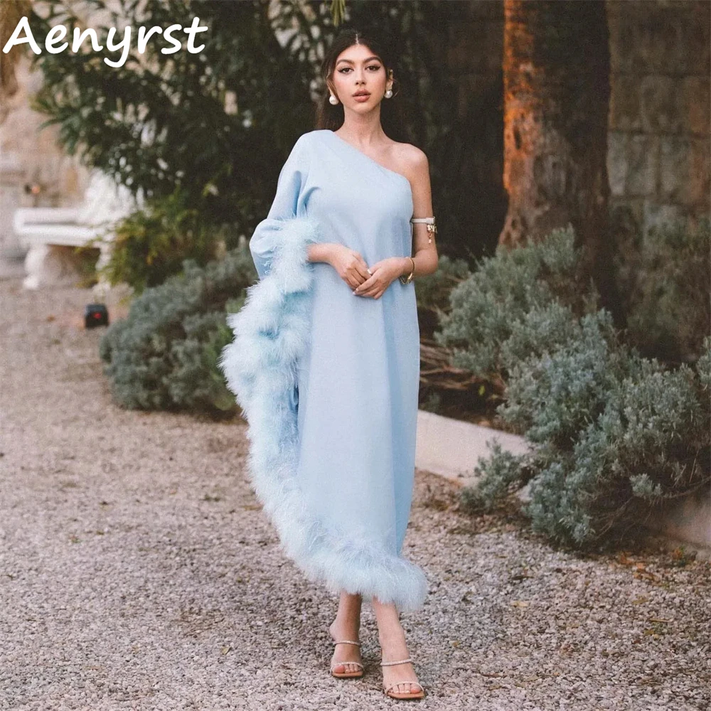 

Aenyrst Sky Blue One Shoulder Feathers Saudi Prom Dresses Satin A Line Evening Gowns Ankle Length Dinner Party Dress For Women