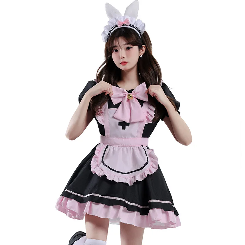 Anime Black Pink Lolita Maid Cosplay Kleid mit Schleife – Süßes Mädchen Kostüm 7