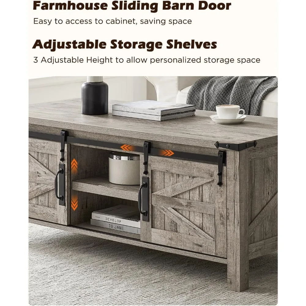 48" Farmhouse Lift Top Coffee Table with Sliding Barn Door, Rustic Center Table w/Hidden Storage Compartment, Lift Tabletop Din 5
