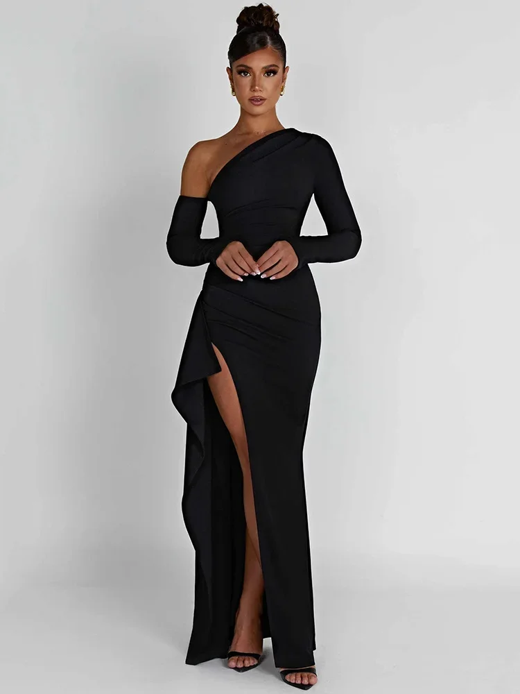 

Oblique Shoulder Thigh High Split Maxi Dress Women Long Sleeve Backless Bodycon Sexy Club Party Long Dress Vestidos