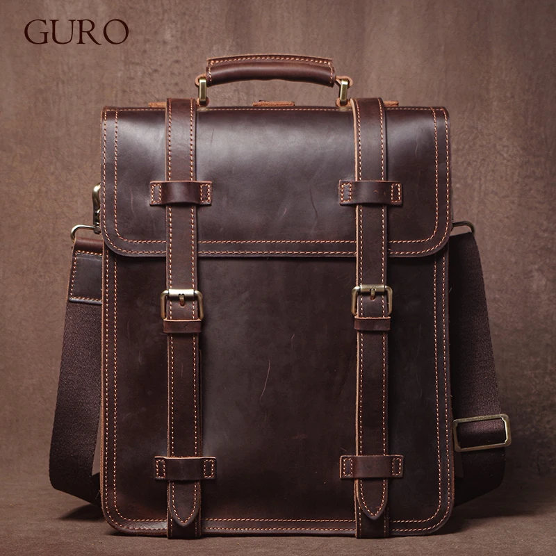 GURO Vintage Crazy Horse Cowhide Handbag Briefcase Men's Genuine Leather Backpack Luxury Shoulder Bag Multifunctional Crossbody 1
