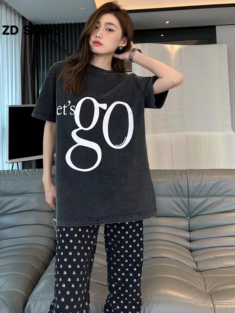 

[ZD Studio] 2023 New Made Old T-shirt Letter Washed Old Round Neck Short Sleeve T-shirt Loose Top Men's Women's Fashion