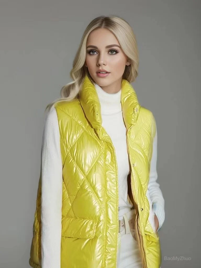 

2023 Autumn Winter Women Vest Shiny Fabric Sleeveless Jacket Zipper Thick Warm Padded Vest Coat Casual Female Pockets Waistcoat