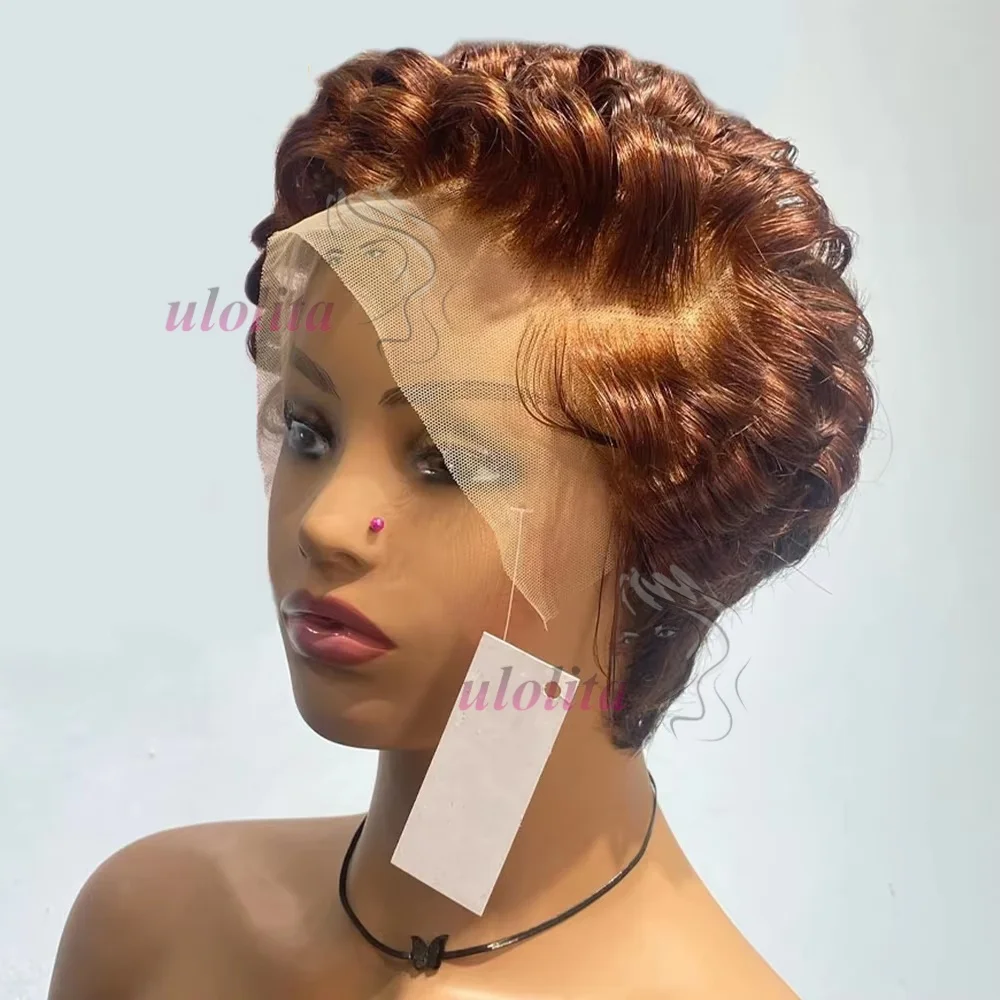 Chocolate brown 13x4 Short Bob Loose Wave Lace Front Wigs Bleached Knots Pixie Cut Hd Transparent Lace Front Human Hair Wig
