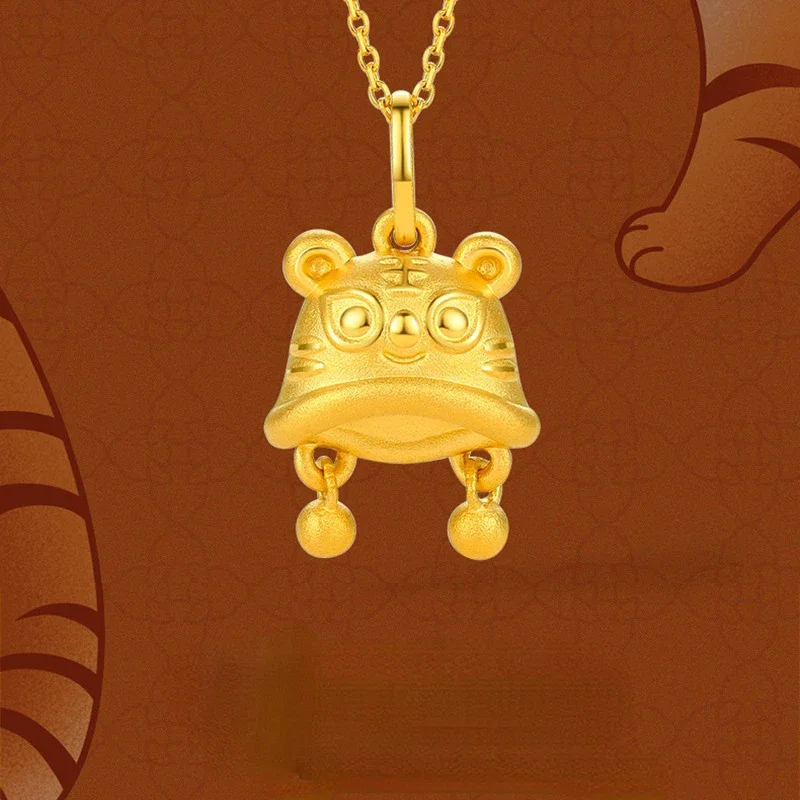 Vero Ciondolo Tigre Carino Dorato Color Oro 24 Carati Per Donna Uomo Collana Oro Puro De 24K Collane Catena Festa Di Fidanzamento Di Nozze