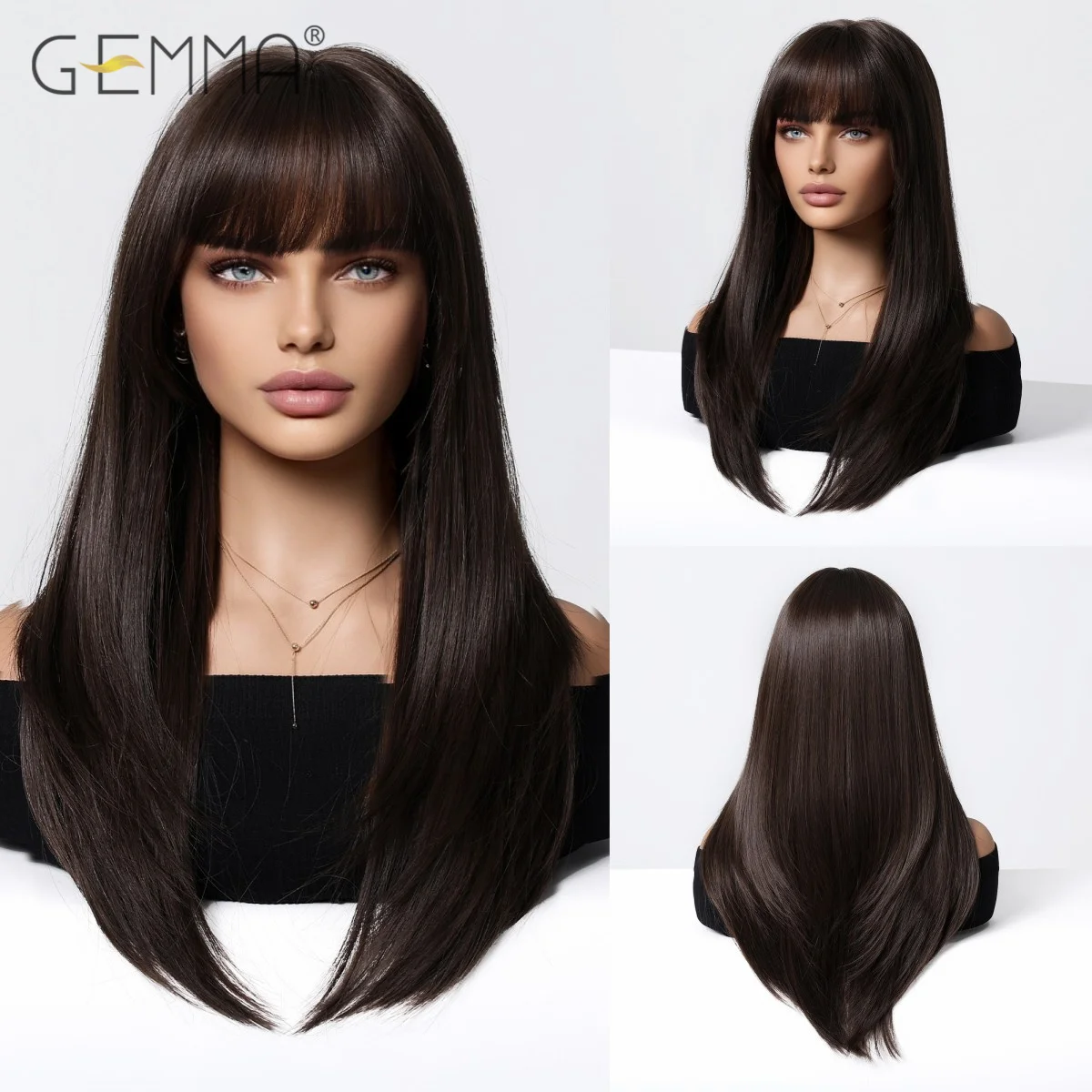 Dark Brown Long Lareyed Wig Synthetic Straight Hair Wigs with Bangs for Women Daily Use Cosplay Party Heat Resistant Fake Hair synthetic short brown mixed light gold wigs with bangs soft hair daily use short curly fake hair party wig for women