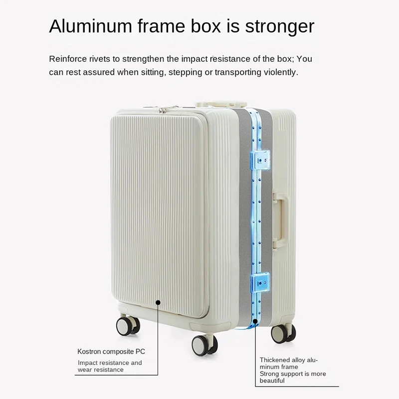 Aluminum Frame Front Open Luggage USB Charging Port with Cup Holder Trolley Suitcase 24