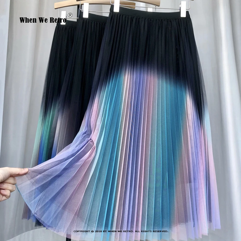 

Gradient Mesh Tulle Skirts Elastic Waist Summer Long Pleated Skirts Fashion A Line Colorful Gauze Faldas VD4129