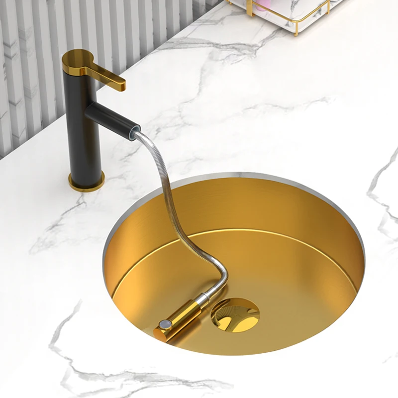 

Round Gold 304 Stainless Steel Bathroom Sink Under Table Basin Bar Wash Basin Single Basin Embedded Household Sink