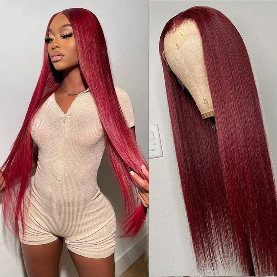 

Burgundy 99J Red Colored Bone Straight Lace Front Wig 13x6 HD Transparent Lace Frontal Human Hair Wigs For Women Pre Plucked