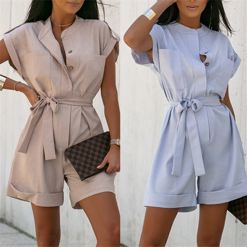 

Women's Shorts Jumpsuits Summer Short Sleeve Playsuits Casual Cotton Linen Single-Breasted Commuter Rompers Solid Color Jumpsuit