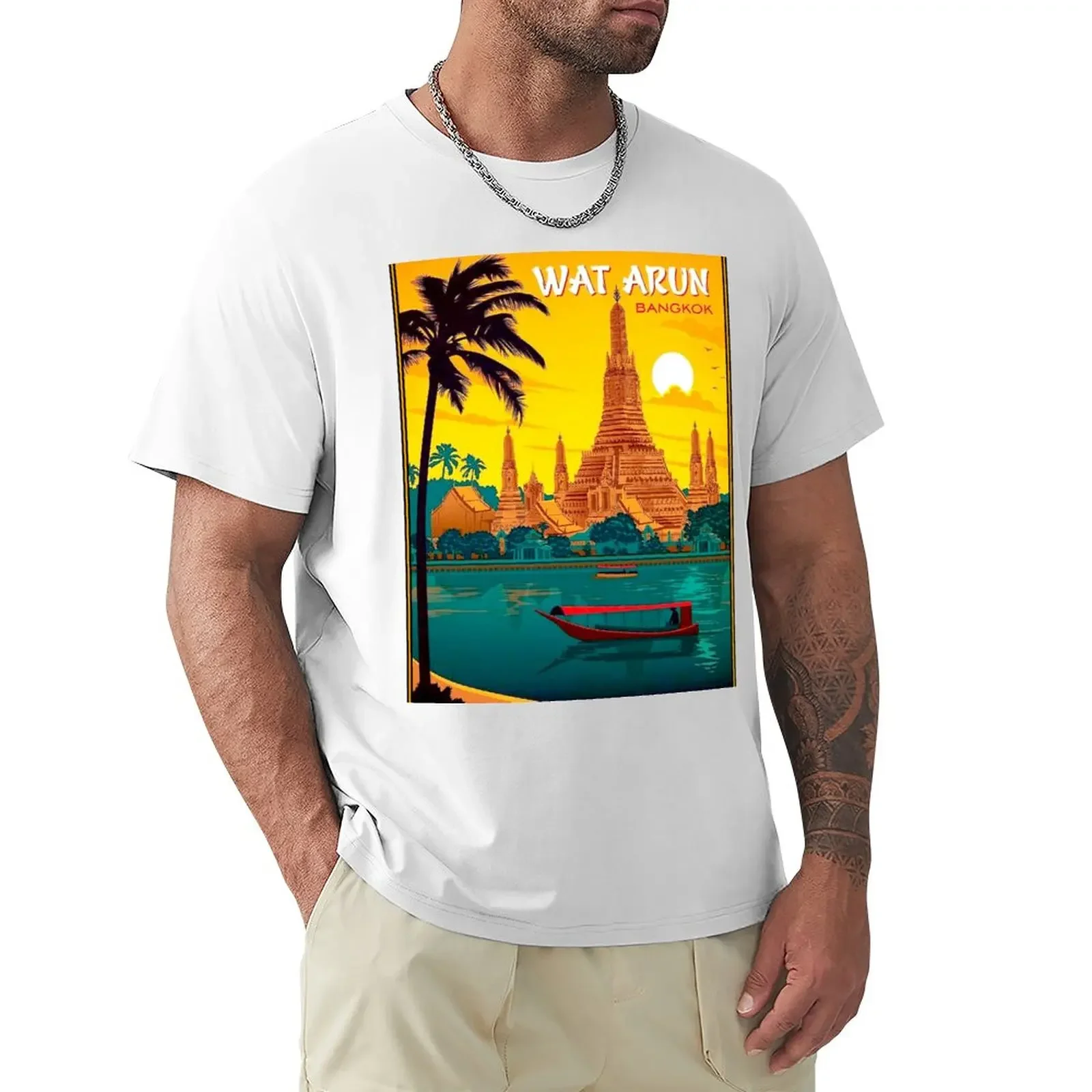 Тайланд: Винтажная Футболка с принтом храма Аруна, Мужская футболка большого размера