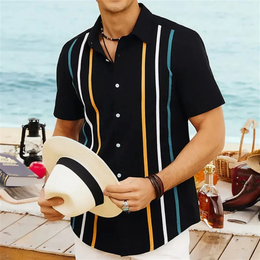 2024 Hawaiian Stripe Fashion Men Shirt Casual Retro Floral Polo Short Sleeve Social Beach Outsize 3D Print Street Wear Summer