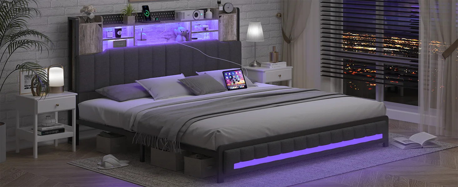Description Picture 6 of itemKing Size Bed Frame and Bookcase Storage Headboard,LED Upholstered Bed Frame with Charging Station,Light up Platf