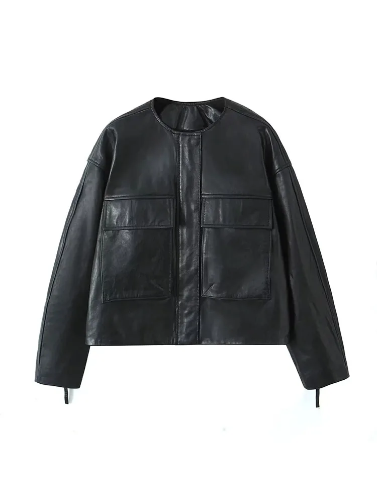

TRAF Faux PU Leather Jacket Women Cropped Coat 2023 New Long Sleeve Zipper Female Coat Oversize Top Streetwear Y2K