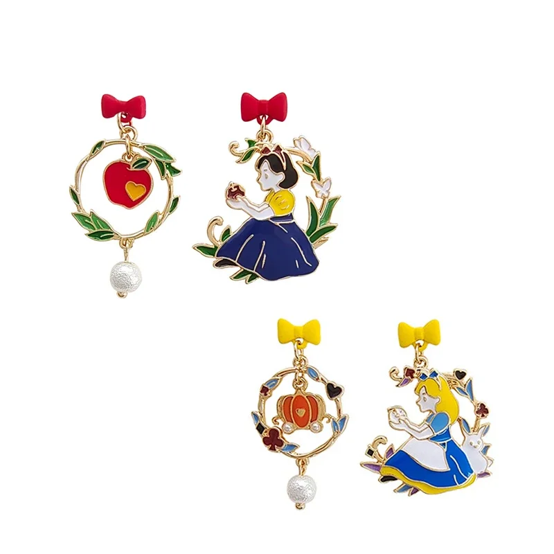 S925 Needle Cartoon Fairy Tale Red Apple Princess Snow White Earrings Sweet Bow Asymmetric Cinderella Drop Earrings for Women