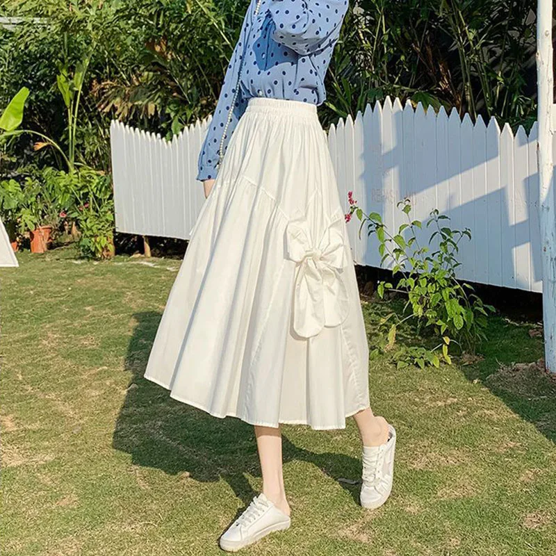 

Zoki Gothic High Waist Solid Bow Women Midi Skirts A Line Korean Summer Harajuku Casual All Match Fashion Party Night Vestidos