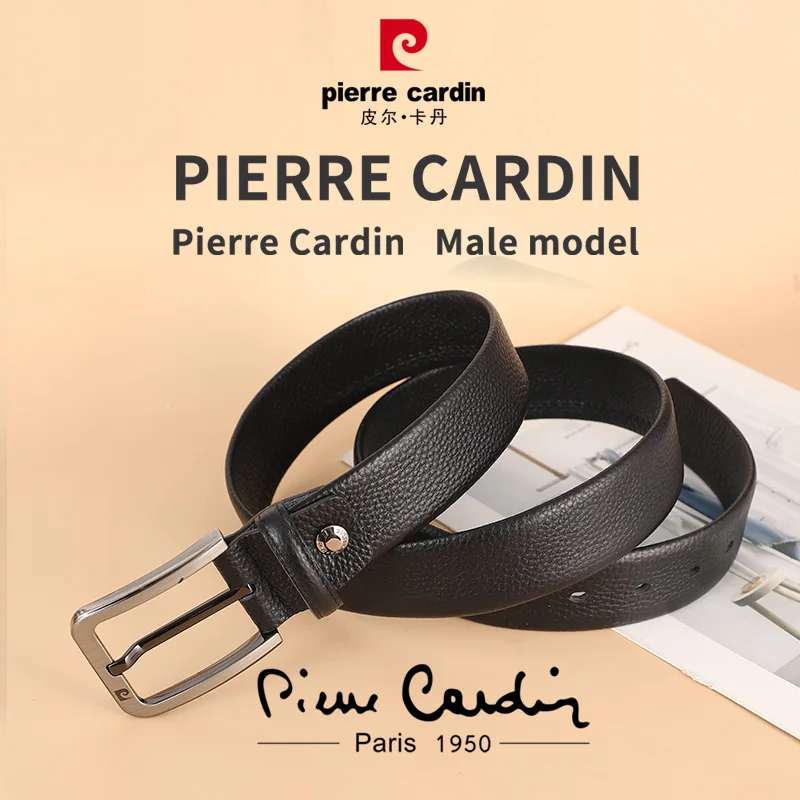 Pierre Cardin sabuk kulit asli pria, ikat pinggang gesper jarum