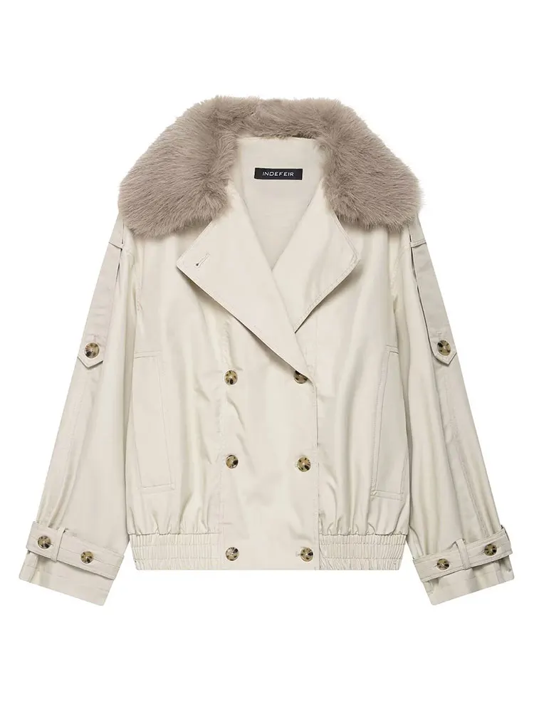 HH Women Chic Double Breasted Cropped Trench Coat With Faux Fur Collar long sleeve jacket fashion high street lady Outerwear