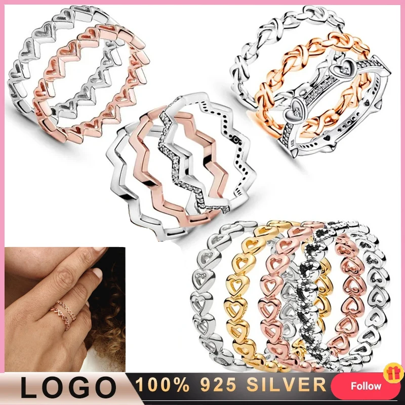 Popular Women's% 925 Silver Sparkling Heart Logo Heart to Heart Ring Original Logo Fashion DIY Charm Jewelry Light Luxury Gift