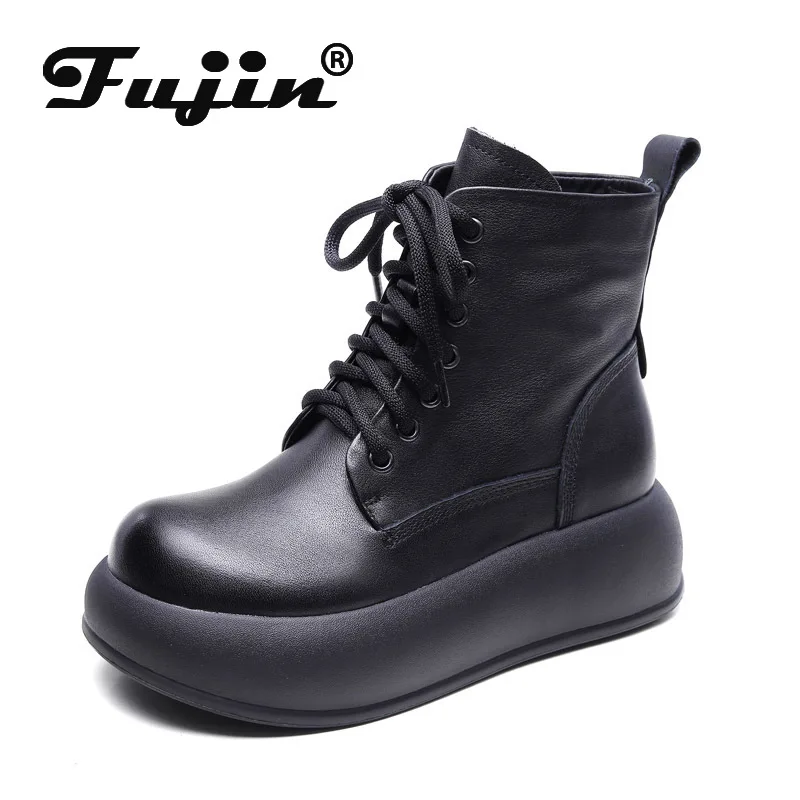 

Fujin/обувь на платформе 5 см; Обувь на толстой подошве; Осенние ботинки из натуральной кожи; Женские ботильоны в байкерском стиле в стиле панк