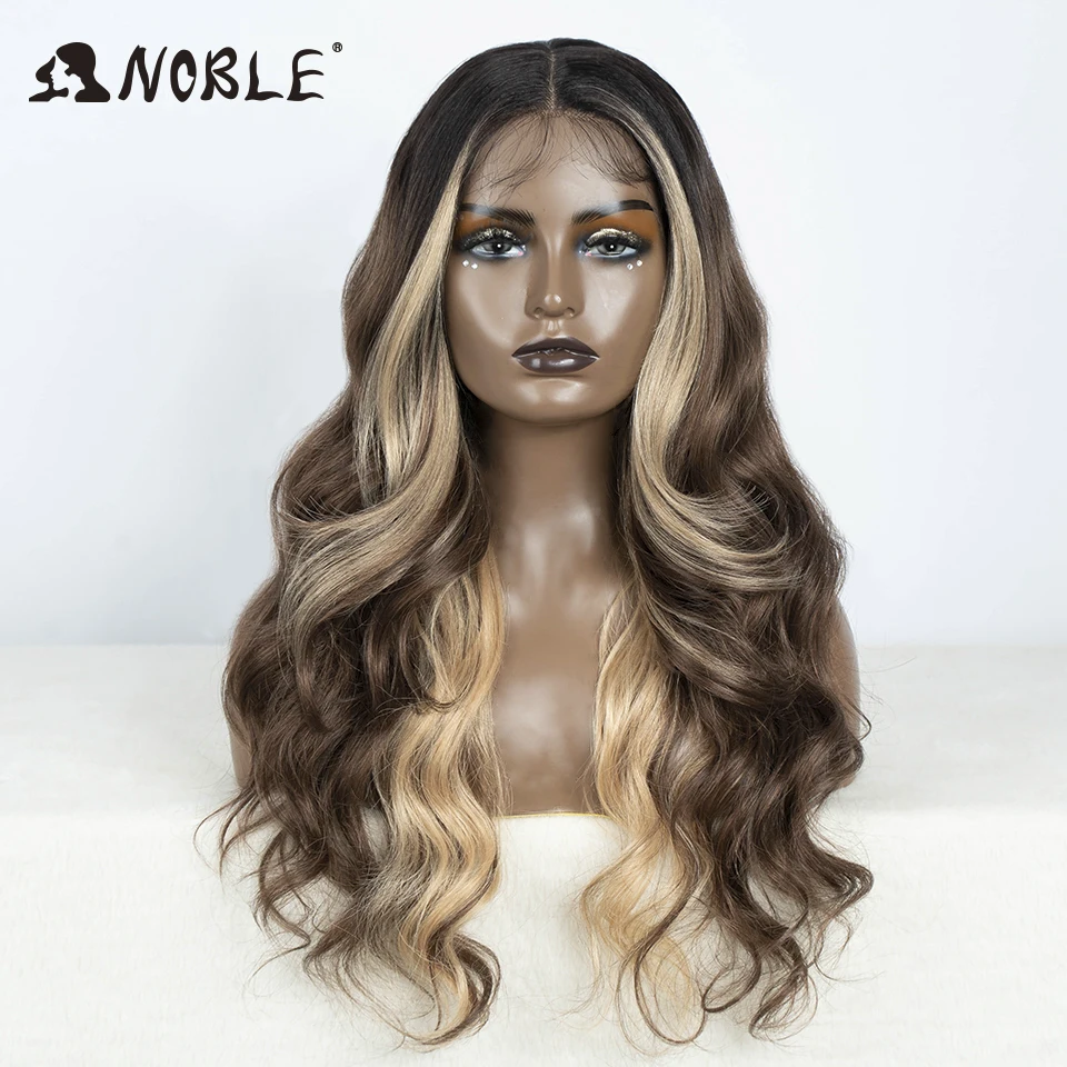 Noble Lace Front Wig Synthetic 28“ Highlight Honey Brown Body Wave Wig Blonde Wigs For Women Lace Wig Synthetic Lace Front Wig